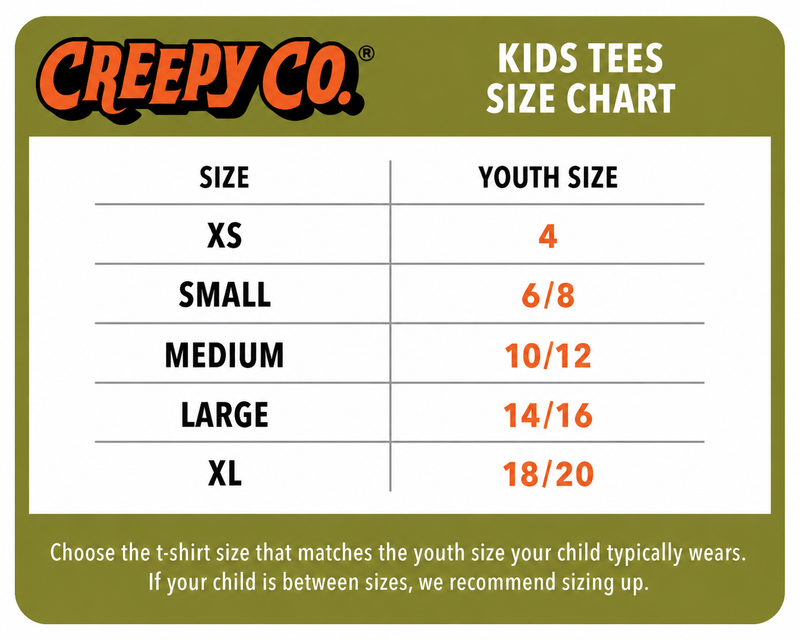 Creepy Co. Kids Tees Size Chart with size chart details on a green background