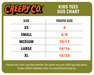 Creepy Co. Kids Tees Size Chart with size chart details on a green background