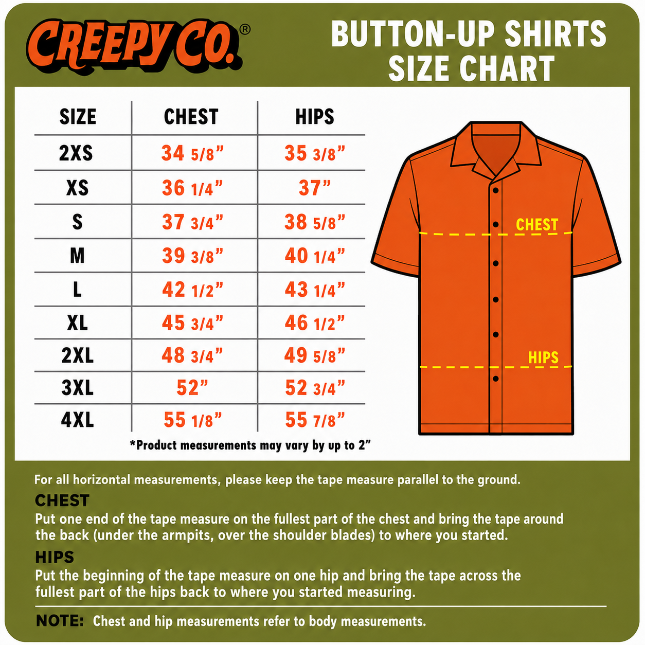A size chart graphic for Creepy Co. button-up shirts, showing a size table with chest and hip measurements for sizes 2XS through 4XL, alongside an orange shirt illustration with dashed lines marking chest and hip measurements.