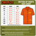 A size chart graphic for Creepy Co. button-up shirts, showing a size table with chest and hip measurements for sizes 2XS through 4XL, alongside an orange shirt illustration with dashed lines marking chest and hip measurements.
