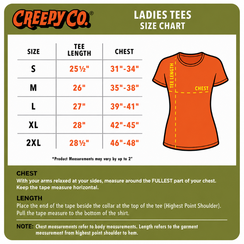Creepy Co. Ladies Tees Size Chart with an orange t-shirt illustration on a green background