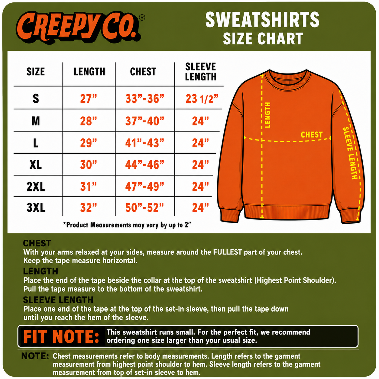 A Creepy Co. sweatshirt size chart graphic with a size table from S to 3XL, chest and sleeve length measurements, a body measurement diagram, and an orange sweatshirt illustration showing where to measure.