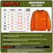 A Creepy Co. sweatshirt size chart graphic with a size table from S to 3XL, chest and sleeve length measurements, a body measurement diagram, and an orange sweatshirt illustration showing where to measure.