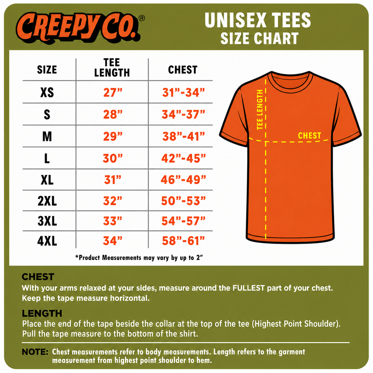 Creepy Co. unisex tees size chart with an orange t-shirt illustration on a green background