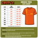 Creepy Co. unisex tees size chart with an orange t-shirt illustration on a green background