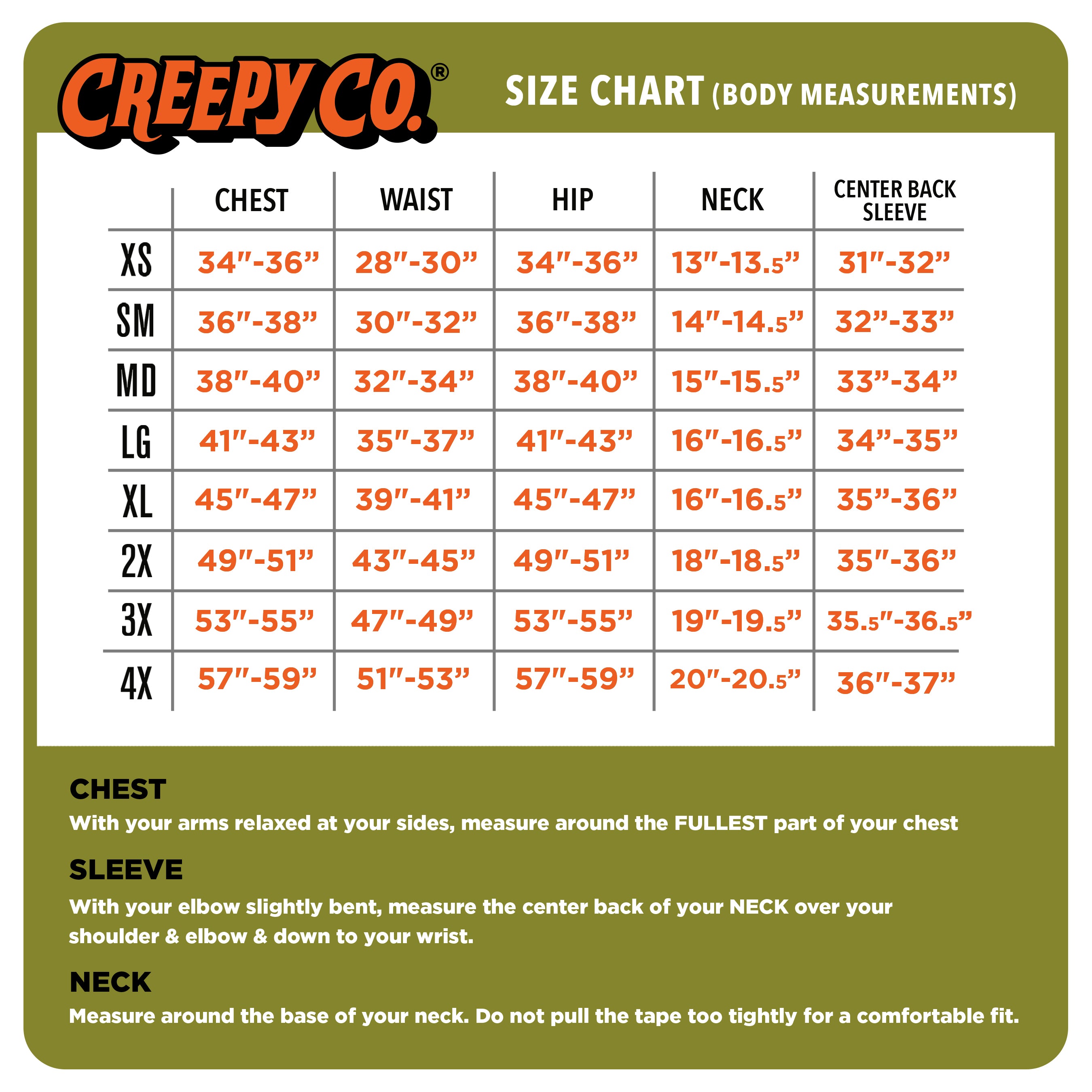 Creepy Co. size chart for body measurements on a green background