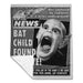 Blanket with a vintage newspaper design featuring a creature and headlines.