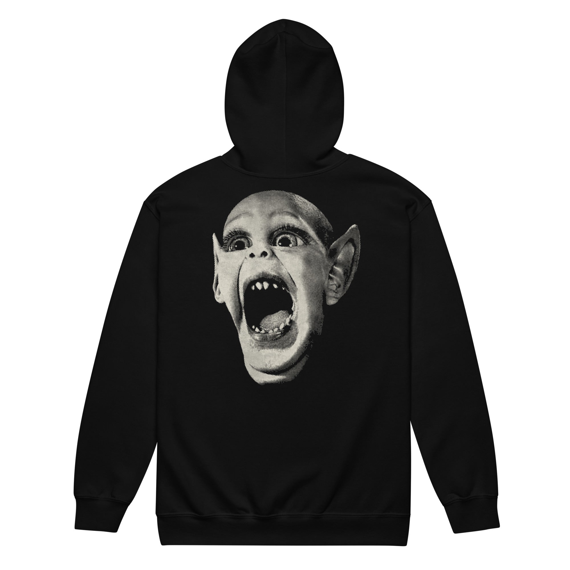 A black pullover hoodie shown from the back, featuring a large grayscale graphic print of a screaming, pointed-eared monster face on the center back.