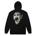 A black pullover hoodie shown from the back, featuring a large grayscale graphic print of a screaming, pointed-eared monster face on the center back.