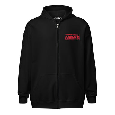 A black zip-up hoodie with a red 'Weekly World News' logo on the left chest, displayed on a clean white background.
